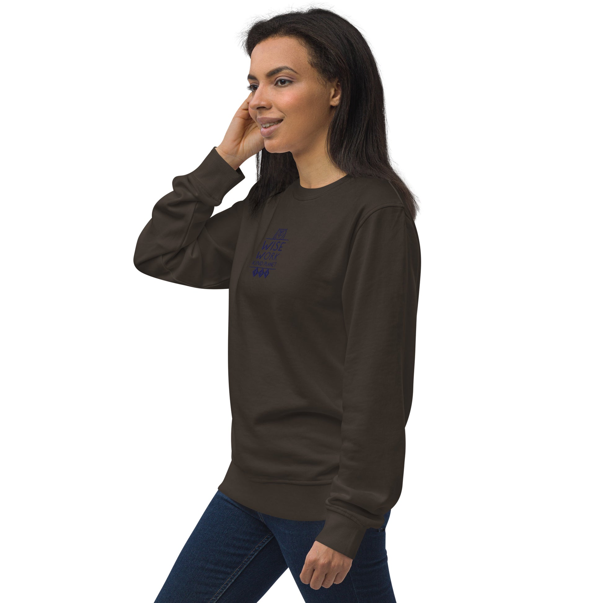 Unisex Organic Sweatshirt: Wise Work, Kind Planet | Owl Embroidered Sustainable Fashion USA Dudeily