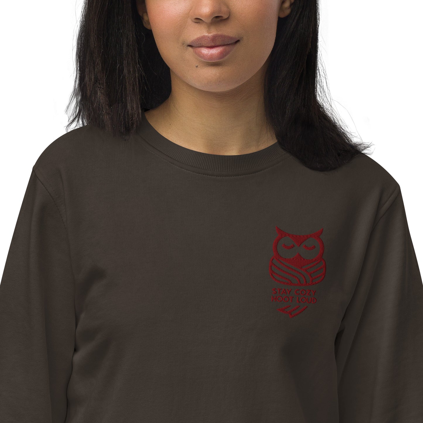Owl Unisex Organic Sweatshirt: 'Stay Cozy Hoot Loud' in Fall | Sustainable Owl Fashion USA Deep Charcoal Grey Dudeily