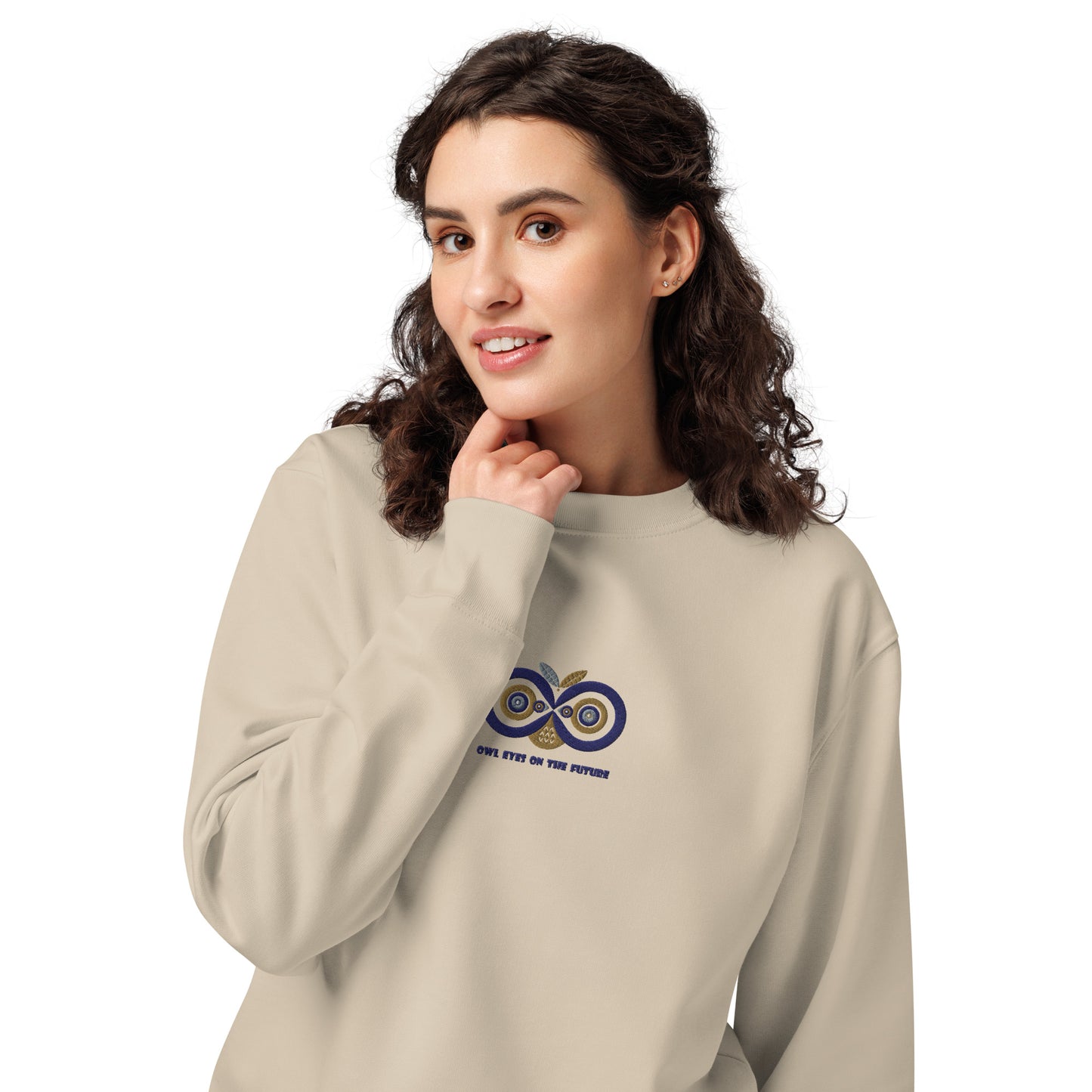 Unisex Organic Sweatshirt: Owl Eyes on the Future | Owl Embroidered Sustainable Fashion USA by Dudeily Dudeily
