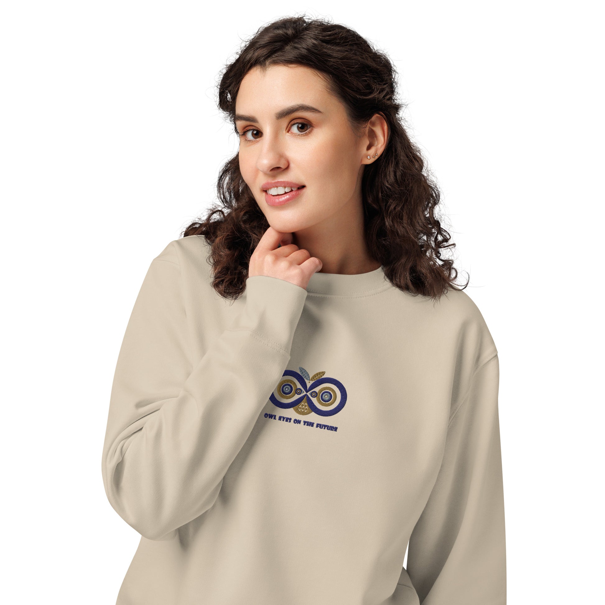 Unisex Organic Sweatshirt: Owl Eyes on the Future | Owl Embroidered Sustainable Fashion USA by Dudeily Dudeily