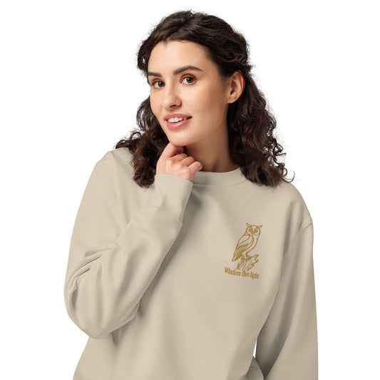 Owl Unisex Organic Sweatshirt: 'Wisdom Flies Light' in Fall | Sustainable Fashion USA Dudeily