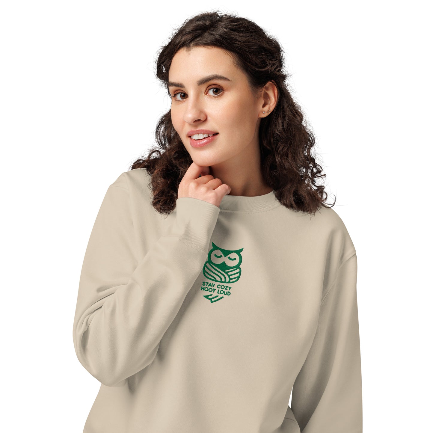 Unisex Organic Sweatshirt: "Stay Cozy Hoot Loud" in Fall | Sustainable Owl Fashion USA Desert Dust Dudeily