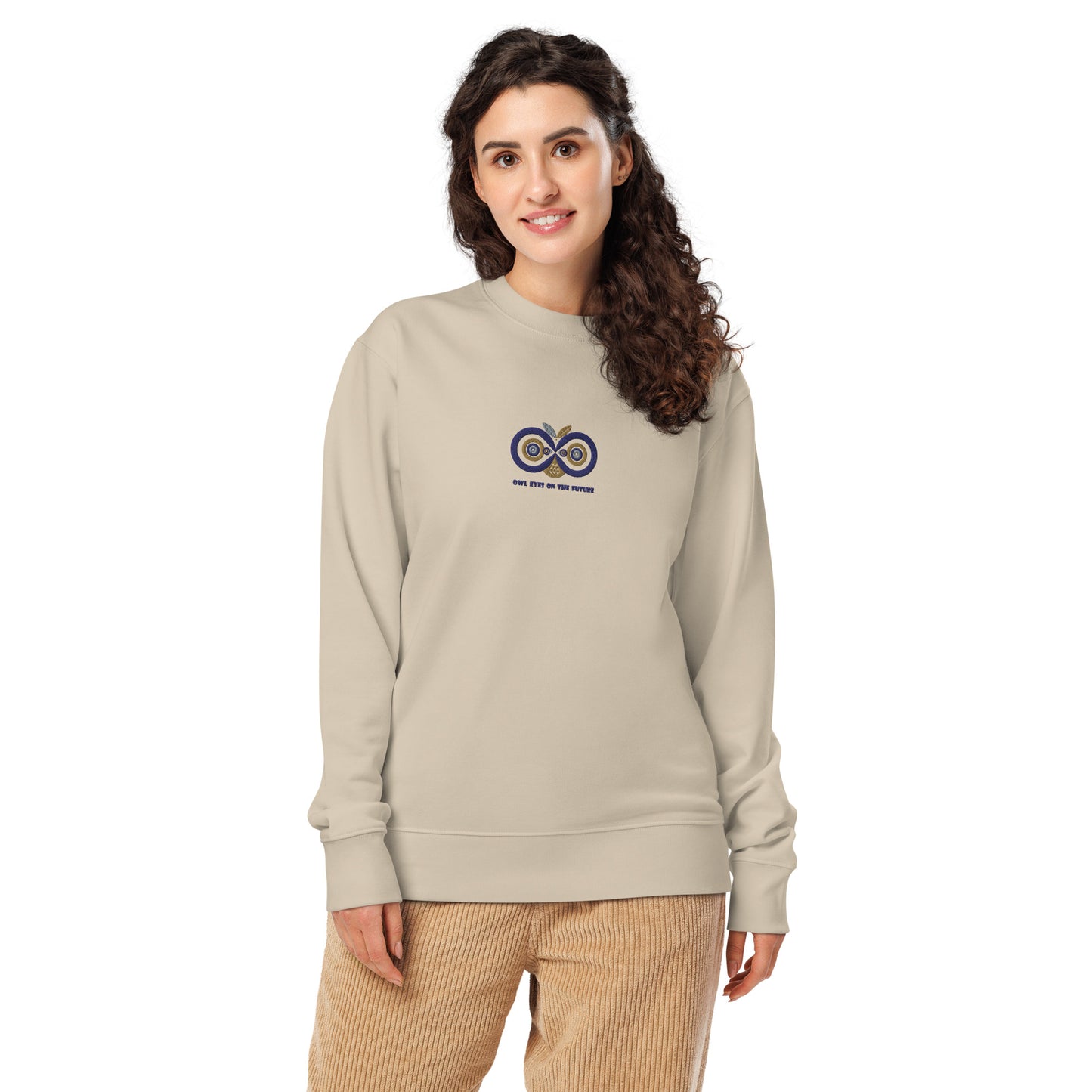 Unisex Organic Sweatshirt: Owl Eyes on the Future | Owl Embroidered Sustainable Fashion USA by Dudeily Dudeily