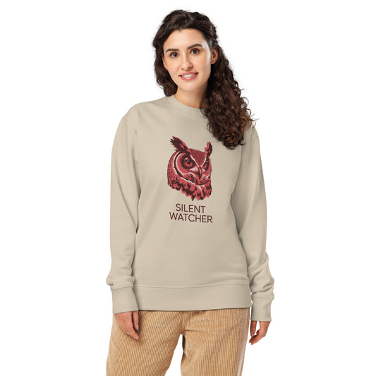 Unisex Organic Sweatshirt: 'Silent Watcher' in Fall | Ethical Owl Clothing USA Desert Dust Dudeily