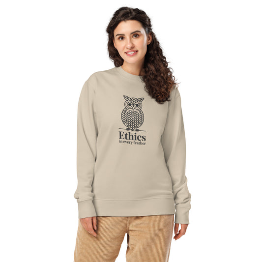 Unisex Organic Sweatshirt: 'Ethics in Every Feather' for Fall | Eco-Friendly Owl Apparel USA Desert Dust Dudeily