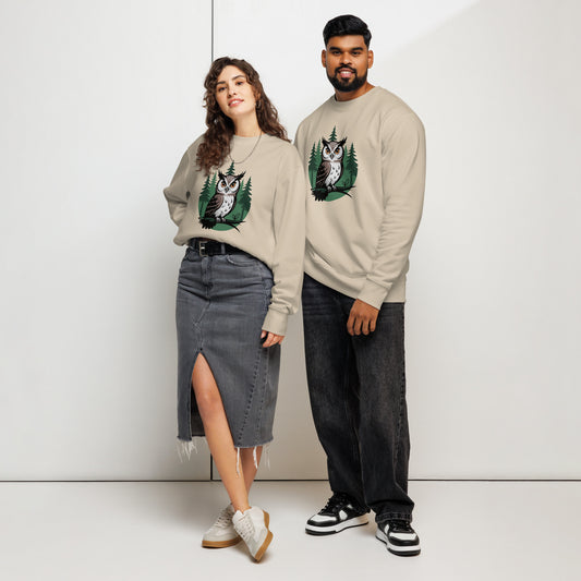 Unisex Organic Sweatshirt – Forest Owl Print | Eco-Friendly Owl Clothing Dudeily