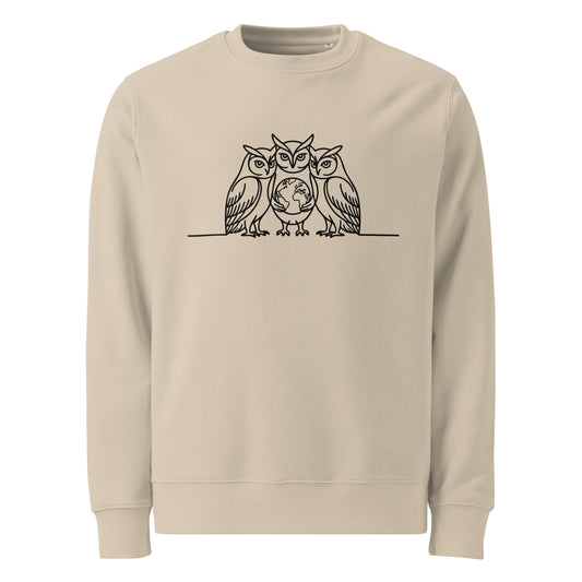 Unisex Organic Sweatshirt – Minimal Owl Print | Eco-Friendly Owl Clothing Desert Dust Dudeily