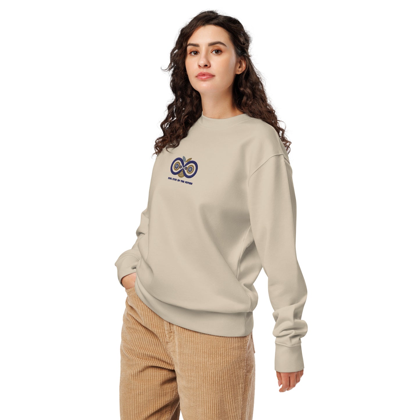 Unisex Organic Sweatshirt: Owl Eyes on the Future | Owl Embroidered Sustainable Fashion USA by Dudeily Desert Dust Dudeily
