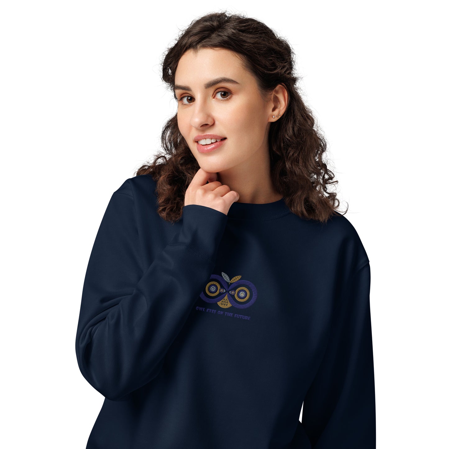 Unisex Organic Sweatshirt: Owl Eyes on the Future | Owl Embroidered Sustainable Fashion USA by Dudeily Dudeily