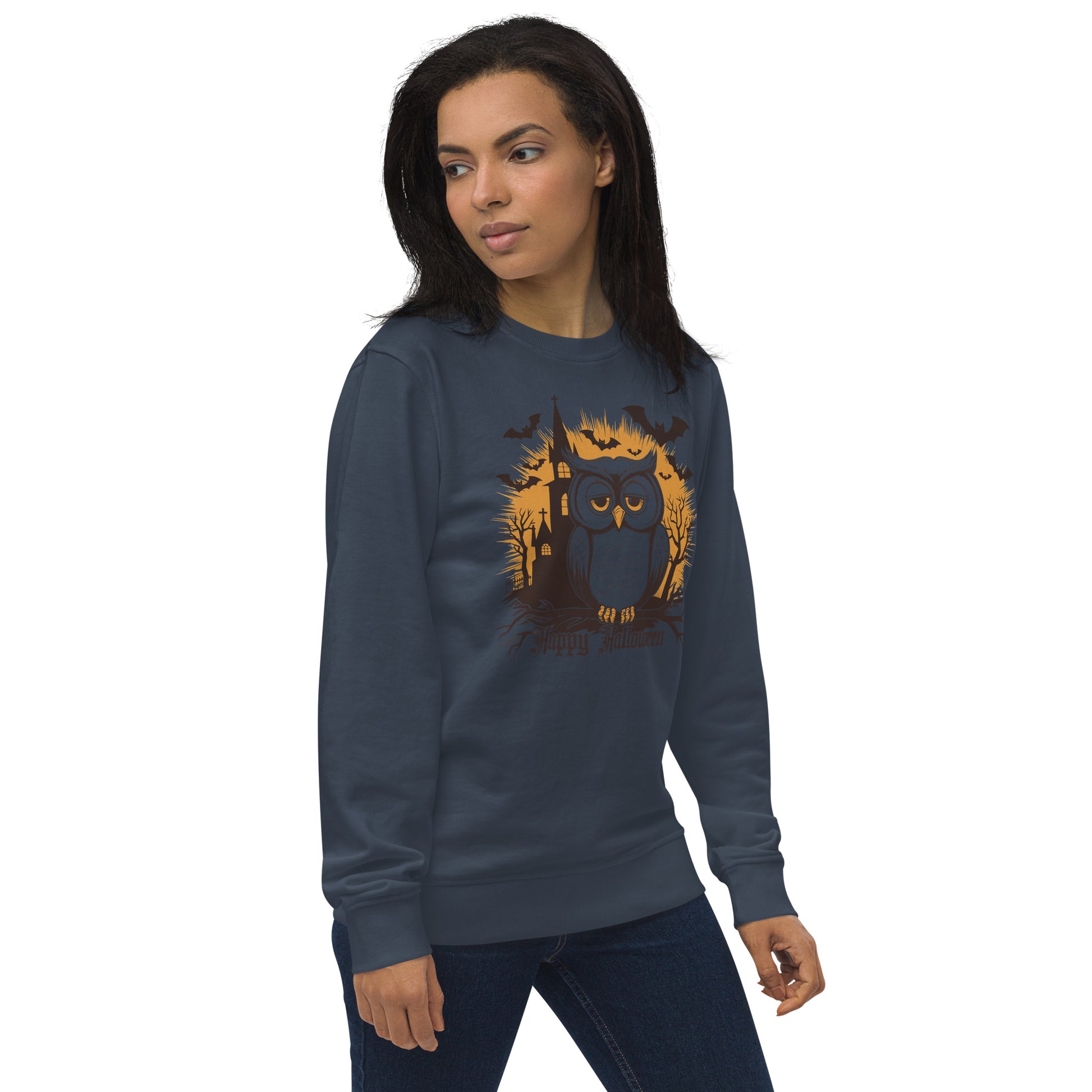 Unisex Organic Sweatshirt: Halloween Owl Cozy Eco-Friendly Style USA Dudeily