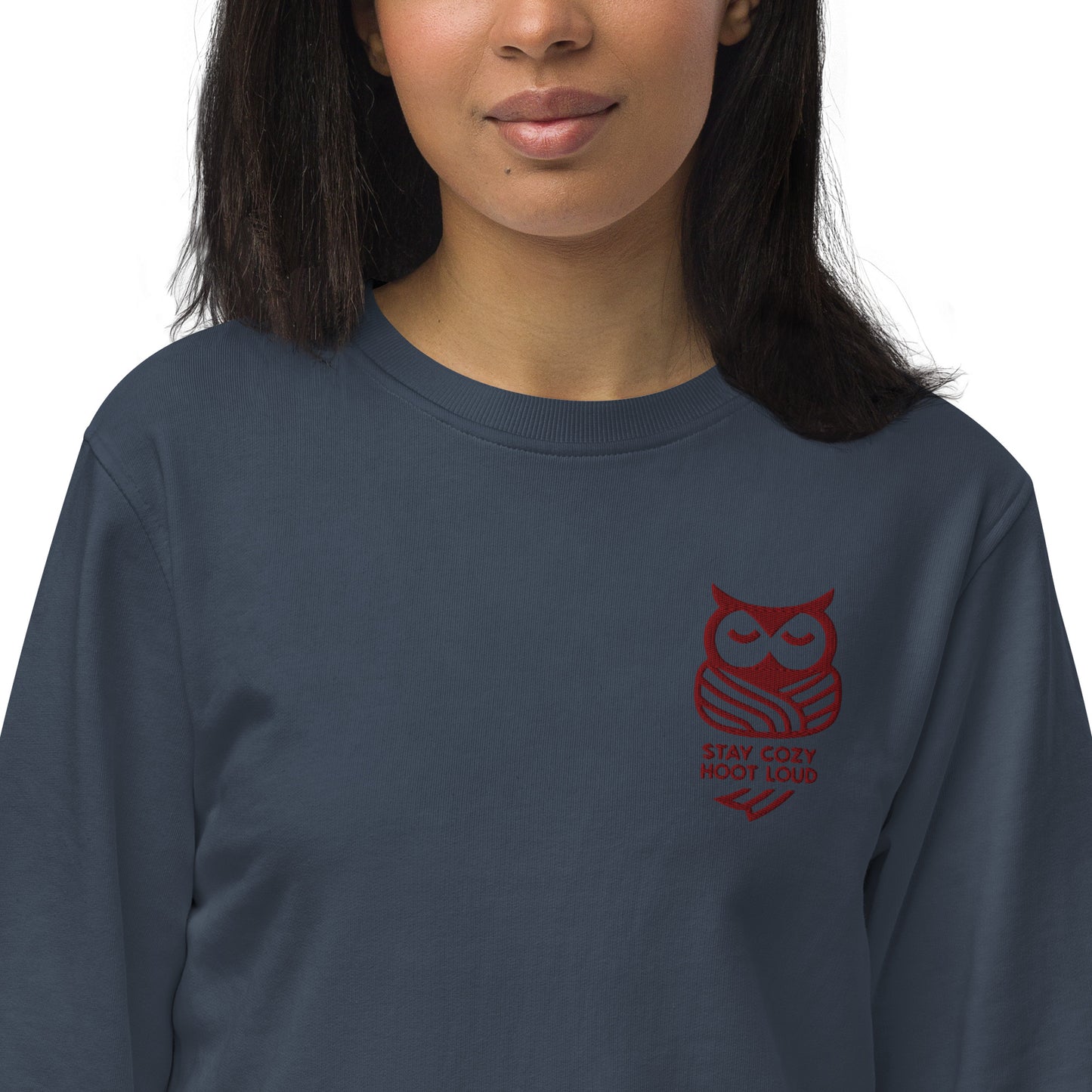 Owl Unisex Organic Sweatshirt: 'Stay Cozy Hoot Loud' in Fall | Sustainable Owl Fashion USA French Navy Dudeily