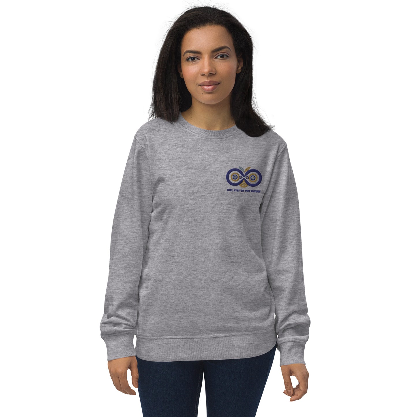 Unisex Organic Sweatshirt: Owl Eyes on the Future | Owl Embroidered Sustainable Fashion USA Grey Melange Dudeily