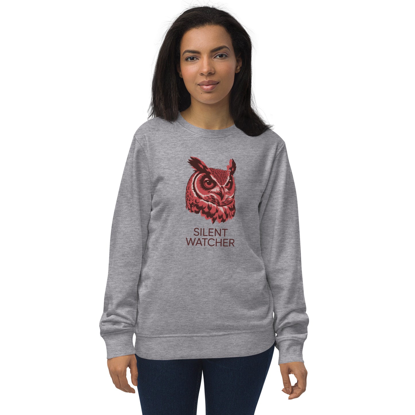 Unisex Organic Sweatshirt: 'Silent Watcher' in Fall | Ethical Owl Clothing USA Grey Melange Dudeily