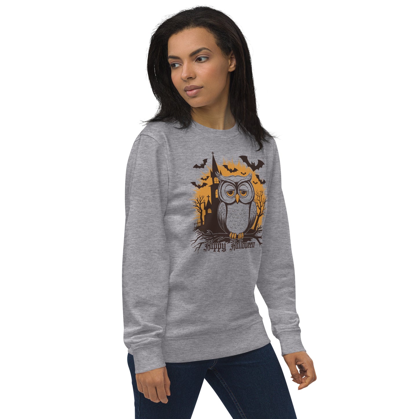Unisex Organic Sweatshirt: Halloween Owl Cozy Eco-Friendly Style USA Dudeily