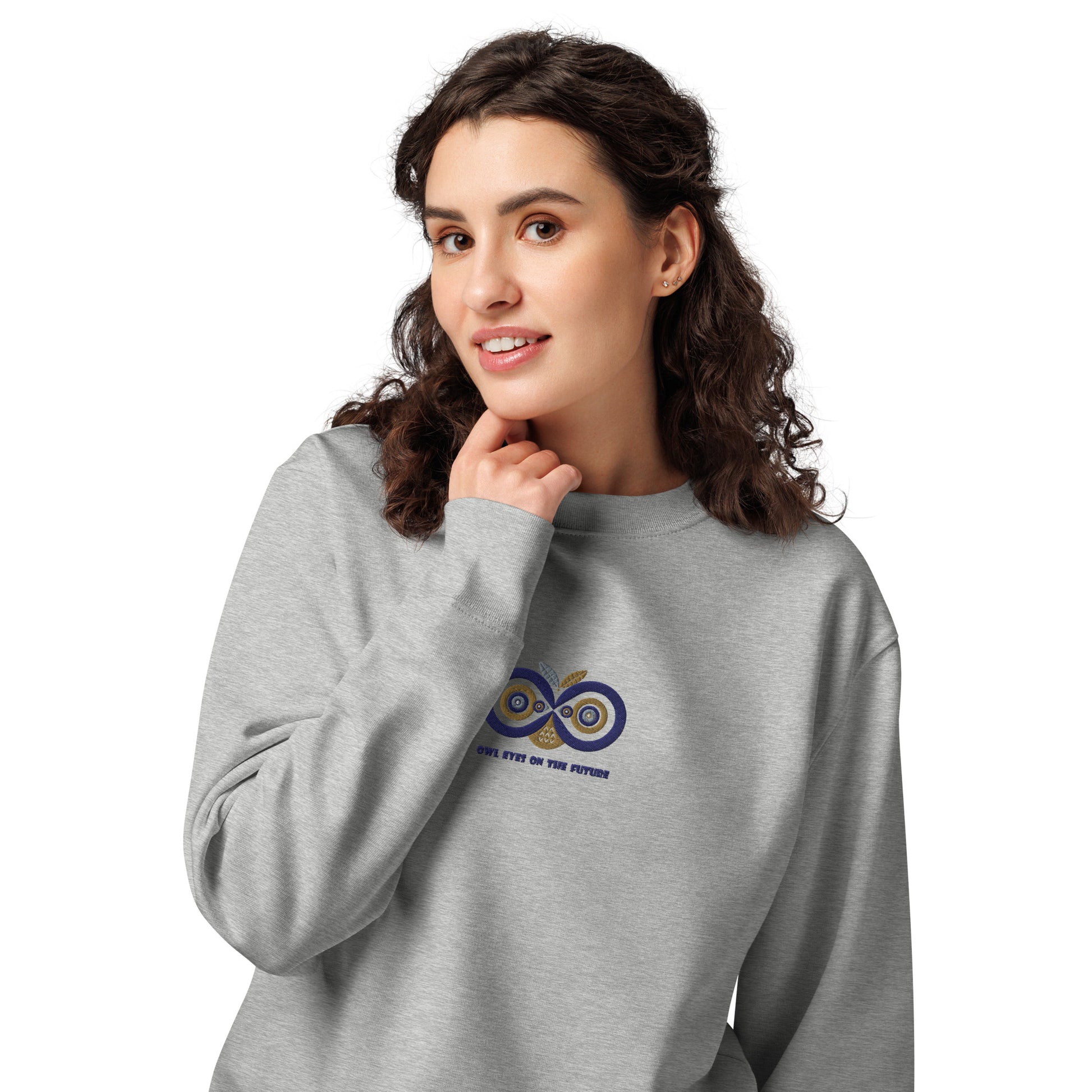 Unisex Organic Sweatshirt: Owl Eyes on the Future | Owl Embroidered Sustainable Fashion USA by Dudeily Dudeily