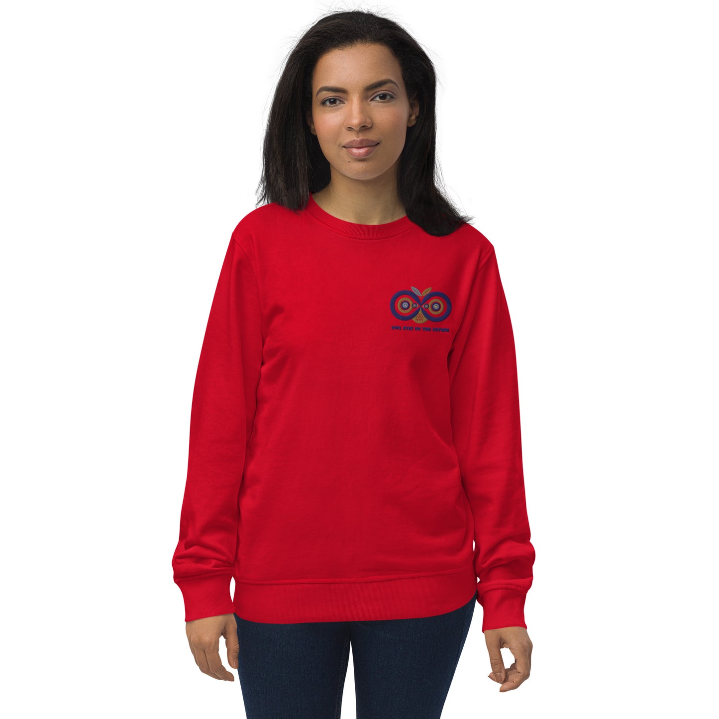 Unisex Organic Sweatshirt: Owl Eyes on the Future | Owl Embroidered Sustainable Fashion USA Red Dudeily