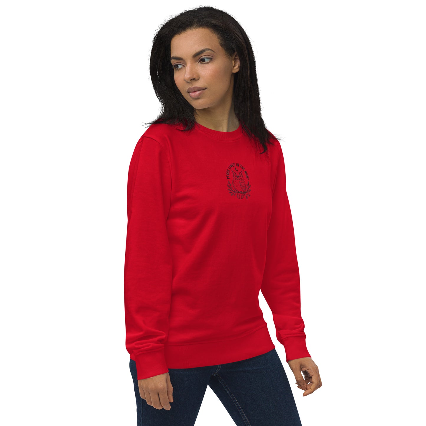 Owl Unisex Organic Sweatshirt – 'Peace Lives in the Night' in Fall | Sustainable Fashion USA Dudeily