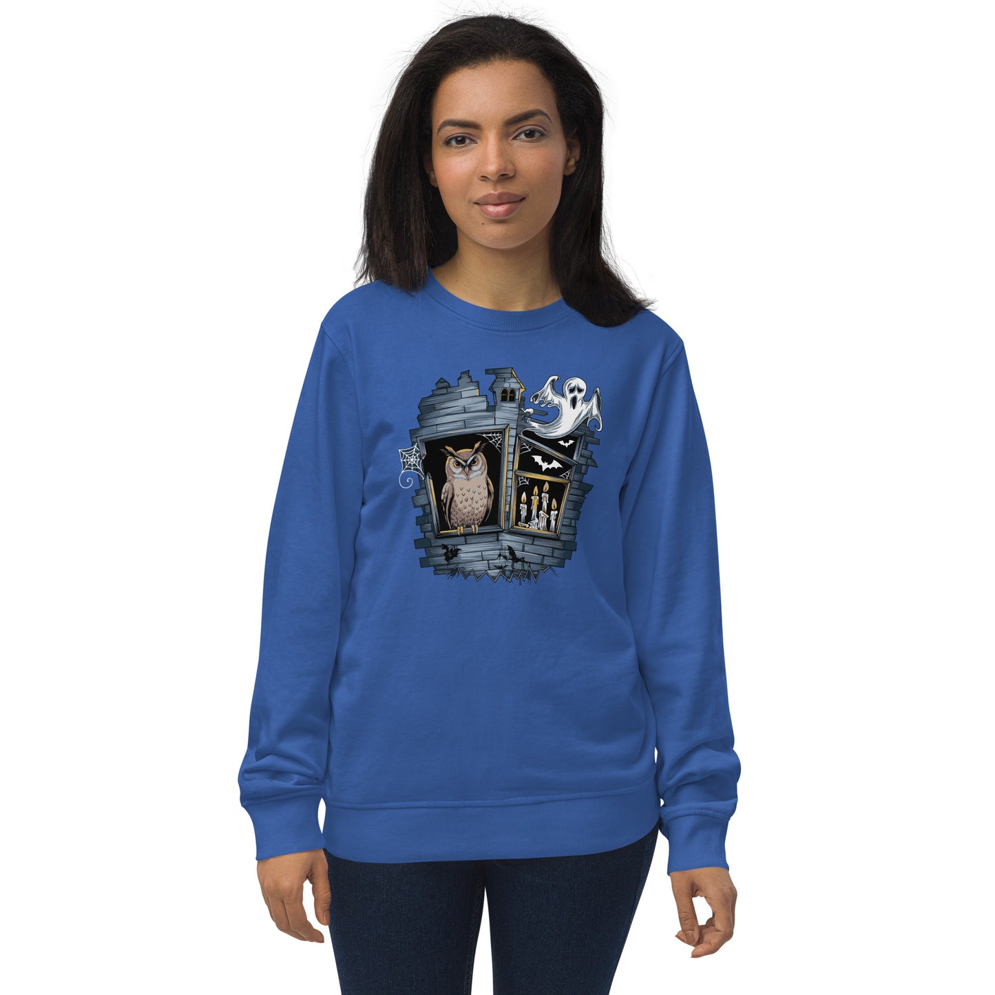 Unisex Organic Sweatshirt: Halloween Owl Cozy Eco-Friendly Style USA Royal Blue Dudeily