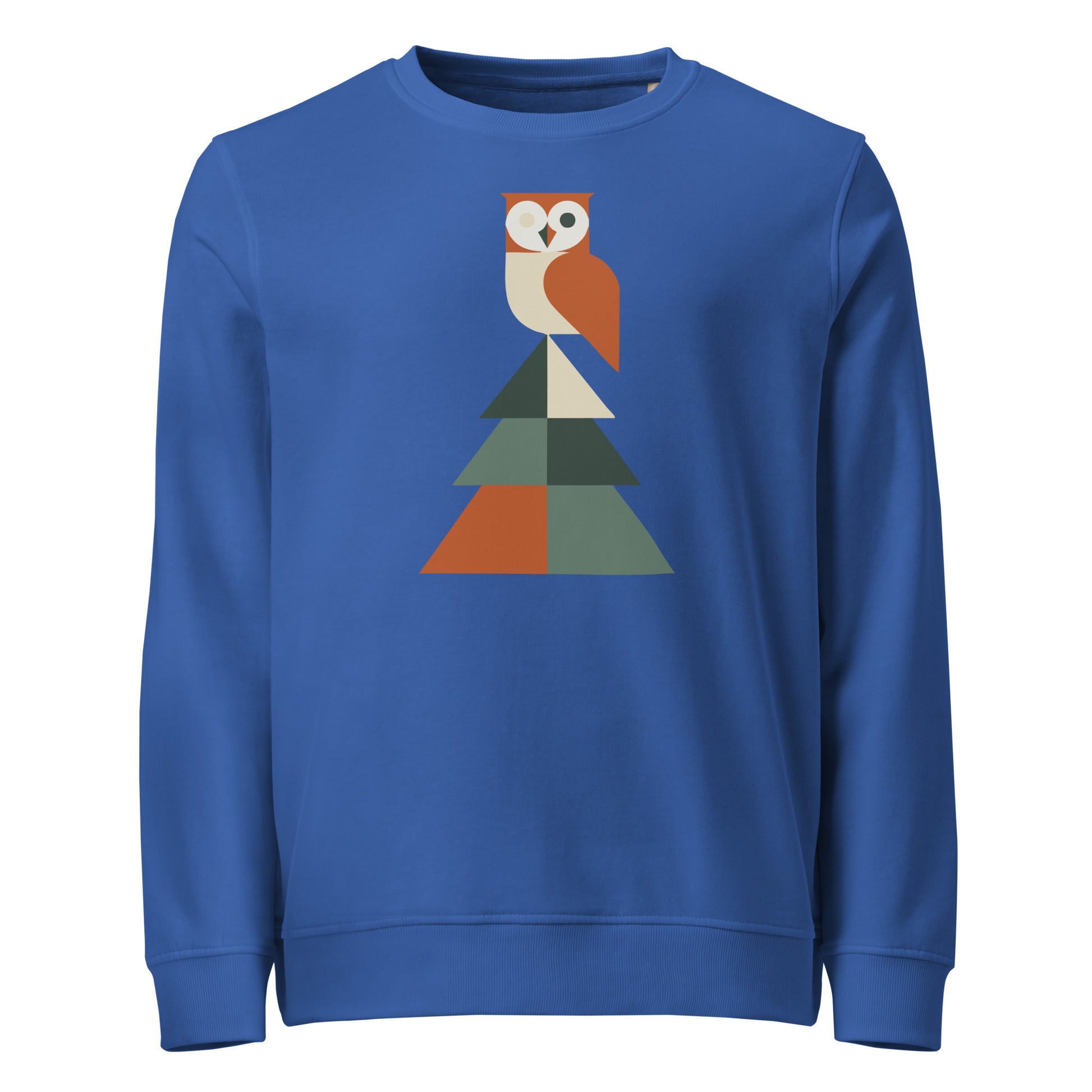 Unisex Organic Sweatshirt: Eco-Friendly Owl Print Ethical Cozy Winter Wear Royal Blue Dudeily
