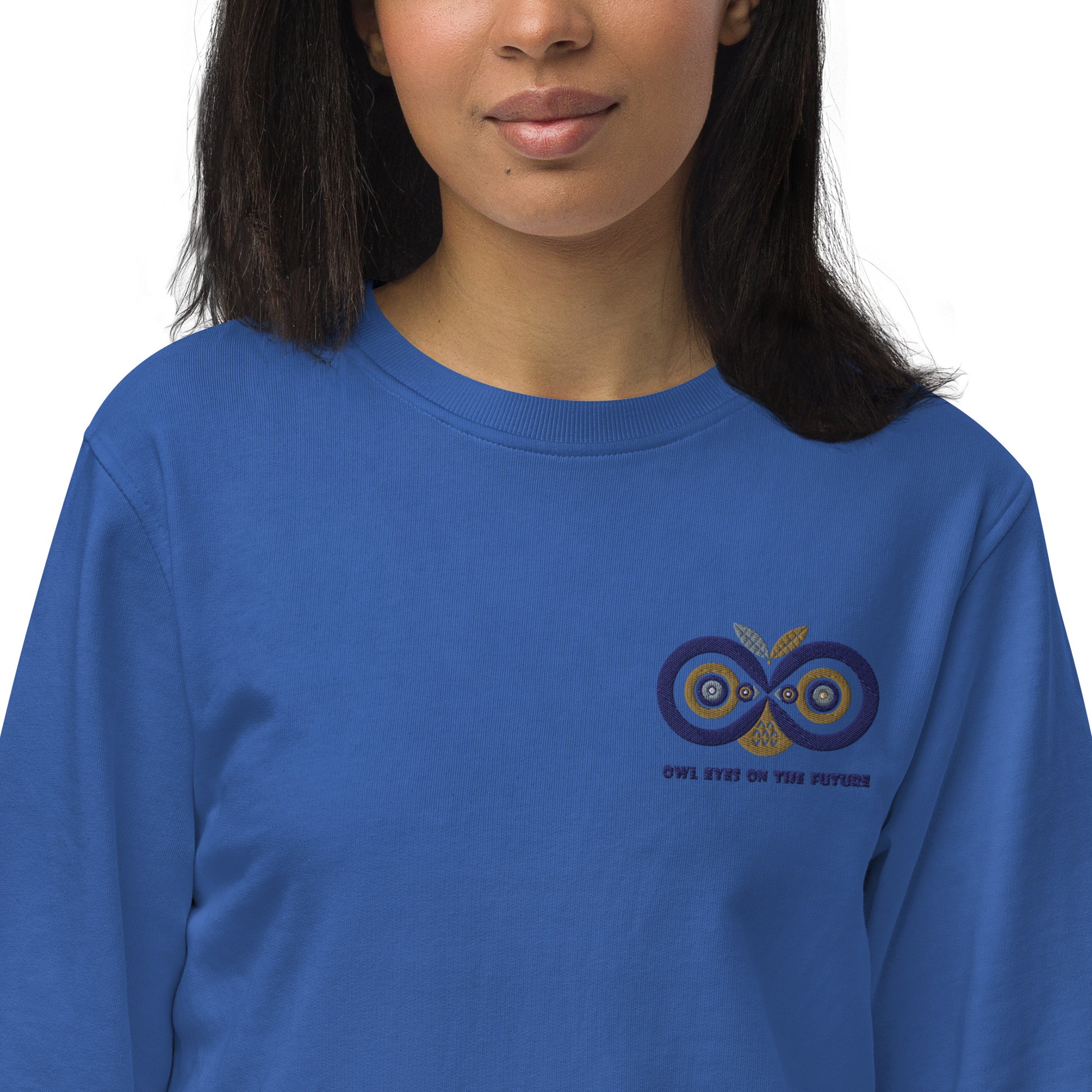 Unisex Organic Sweatshirt: Owl Eyes on the Future | Owl Embroidered Sustainable Fashion USA Dudeily