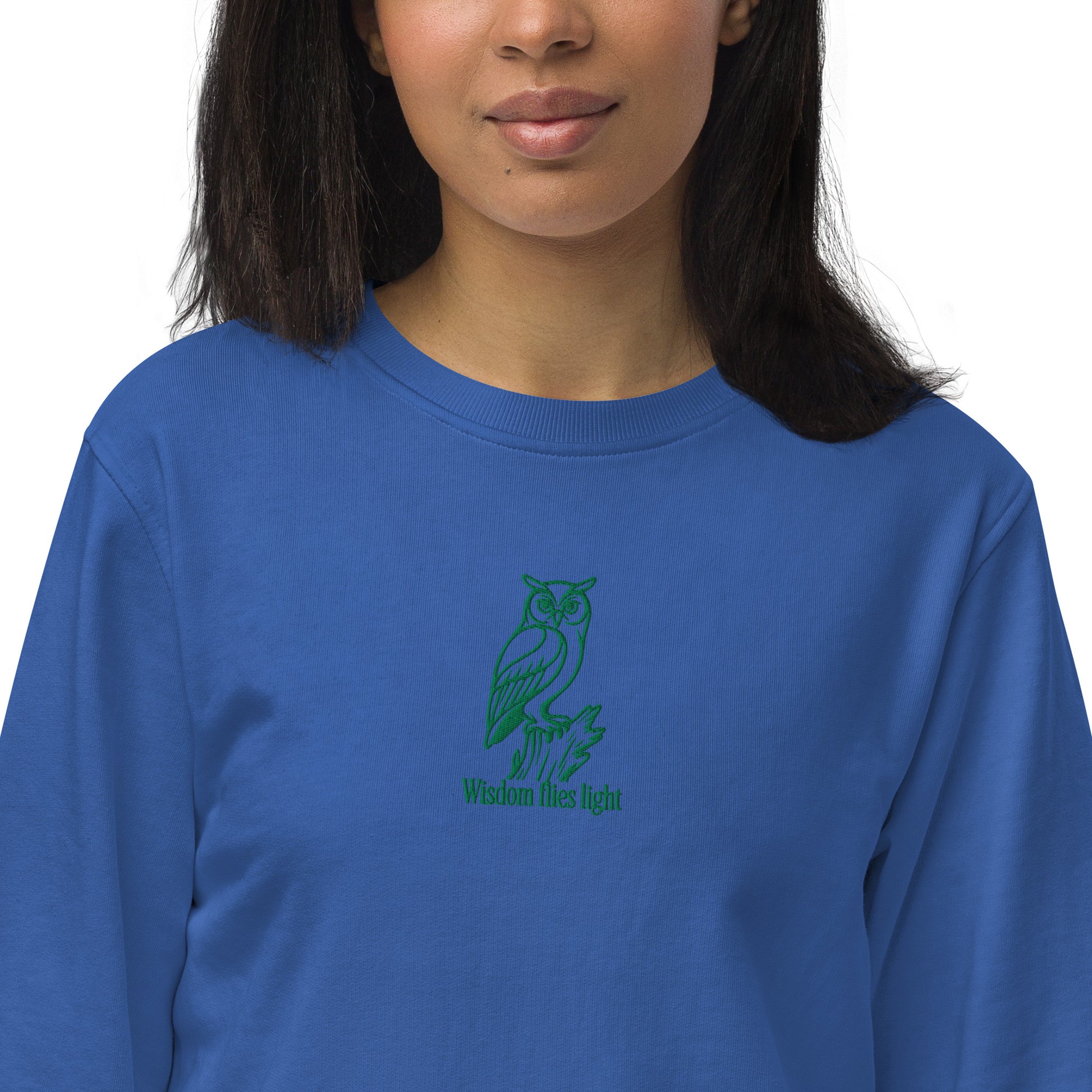 Owl Unisex Organic Sweatshirt: 'Wisdom Flies Light' in Fall | Sustainable Fashion USA Dudeily