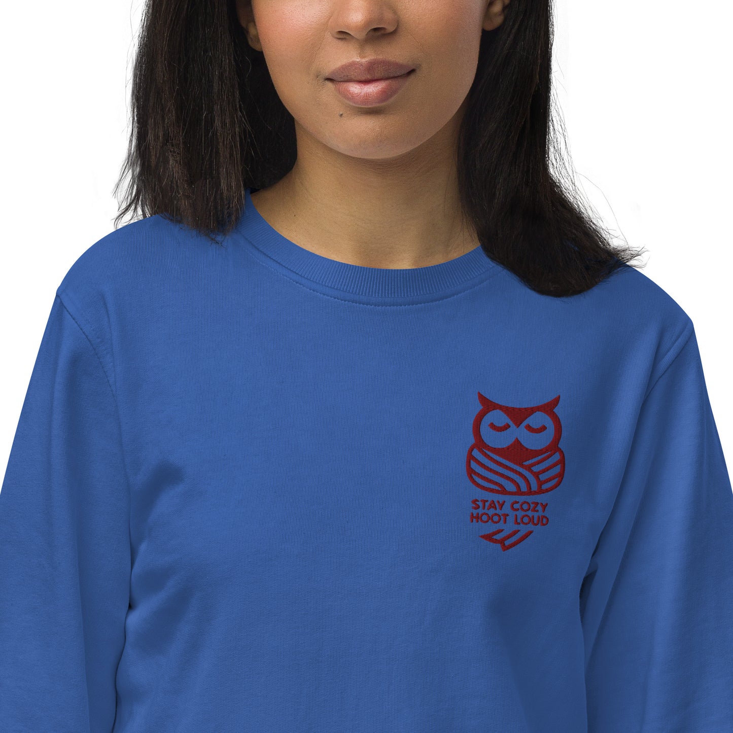 Owl Unisex Organic Sweatshirt: 'Stay Cozy Hoot Loud' in Fall | Sustainable Owl Fashion USA Royal Blue Dudeily