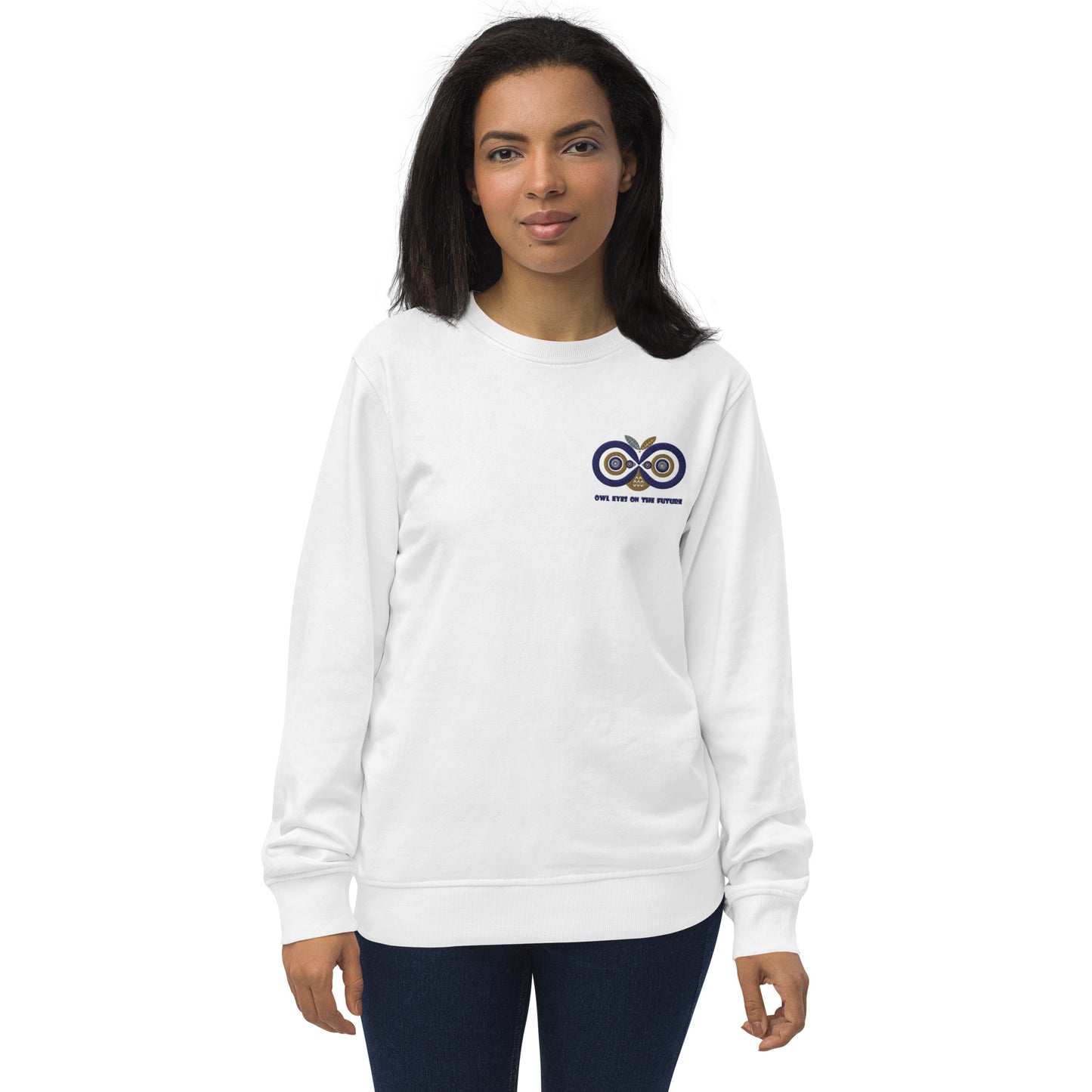 Unisex Organic Sweatshirt: Owl Eyes on the Future | Owl Embroidered Sustainable Fashion USA White Dudeily