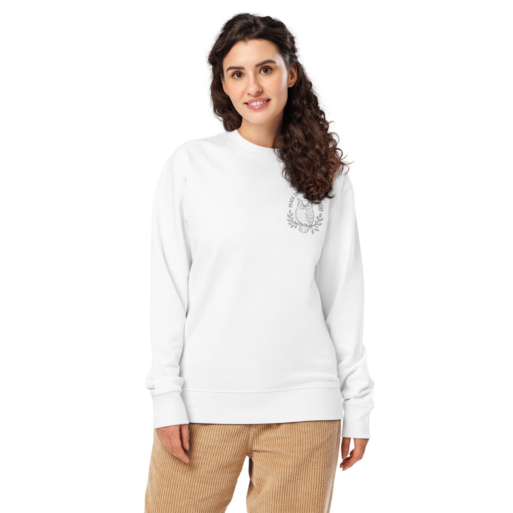 Owl Unisex Organic Sweatshirt-'Peace Lives in the Night' in Fall | Sustainable Fashion USA White Dudeily