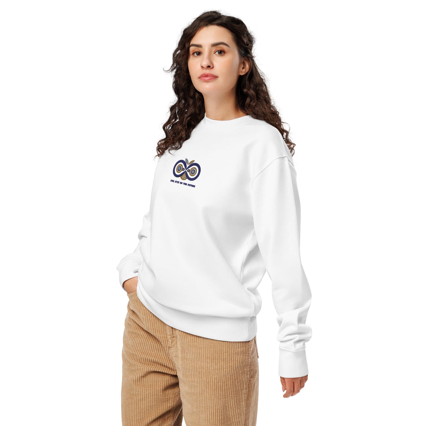 Unisex Organic Sweatshirt: Owl Eyes on the Future | Owl Embroidered Sustainable Fashion USA by Dudeily White Dudeily
