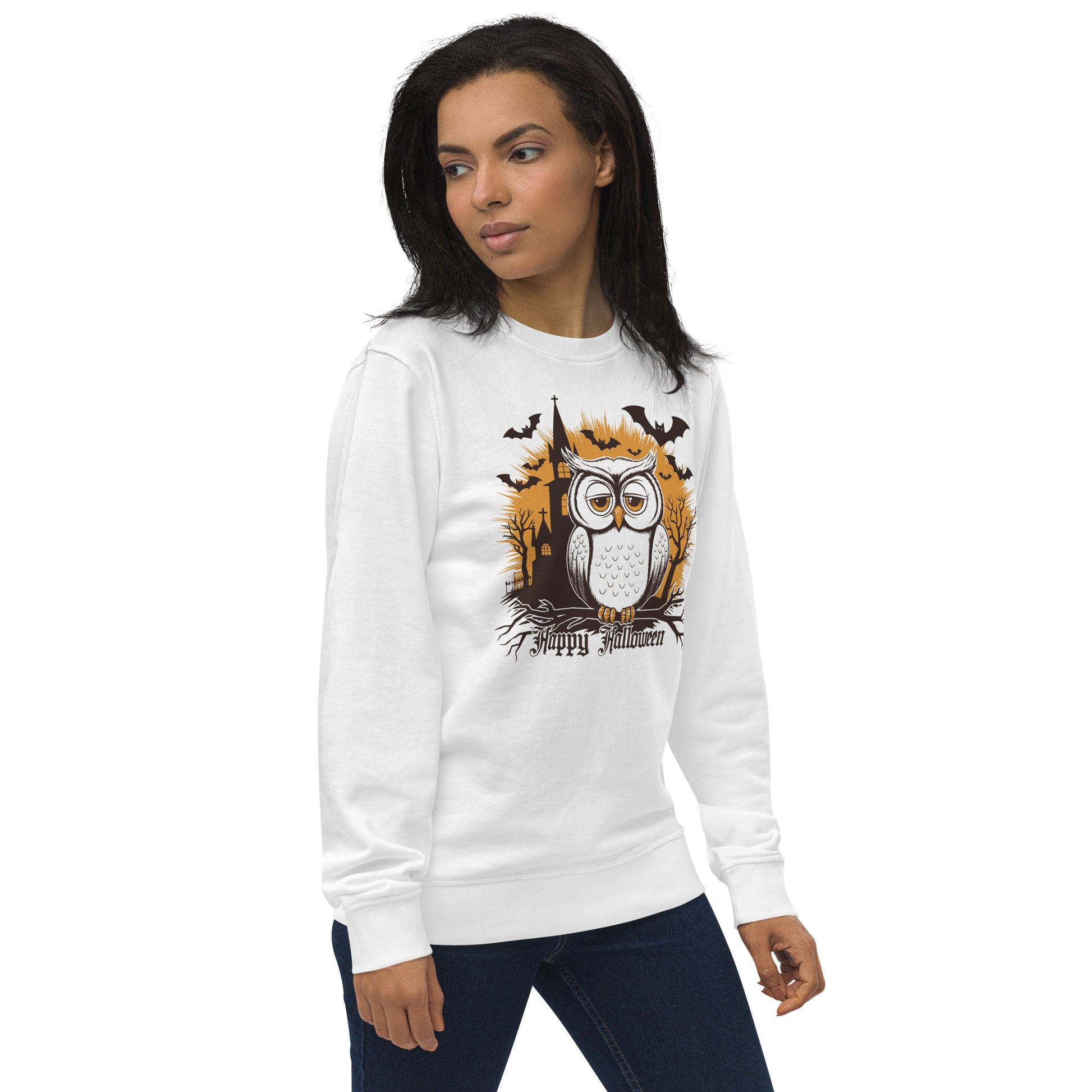 Unisex Organic Sweatshirt: Halloween Owl Cozy Eco-Friendly Style USA Dudeily