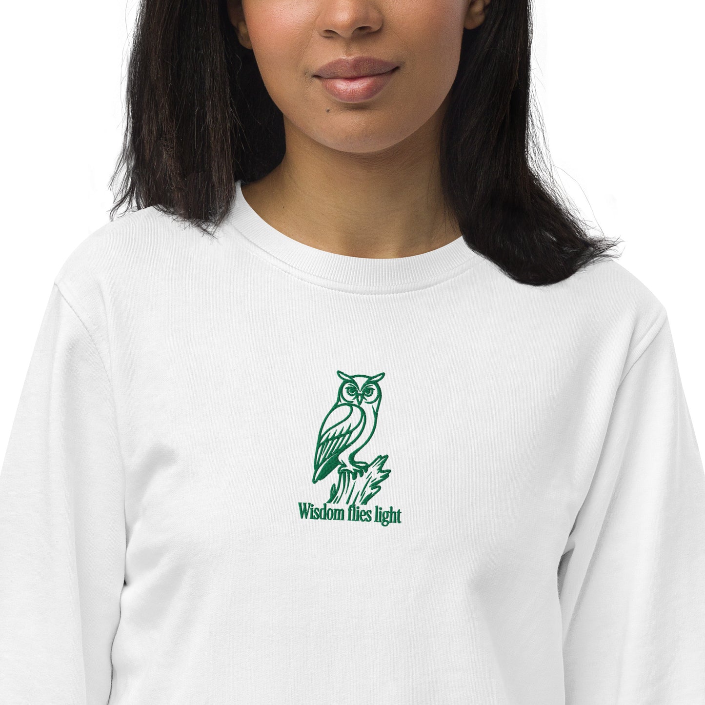 Owl Unisex Organic Sweatshirt: 'Wisdom Flies Light' in Fall | Sustainable Fashion USA Dudeily