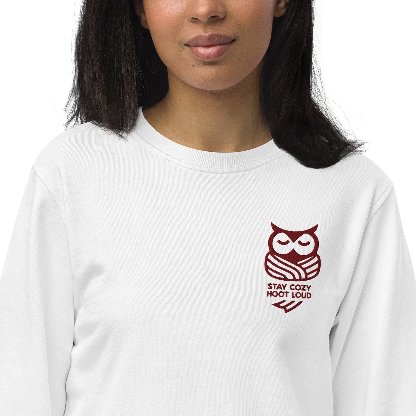 Owl Unisex Organic Sweatshirt: 'Stay Cozy Hoot Loud' in Fall | Sustainable Owl Fashion USA White Dudeily