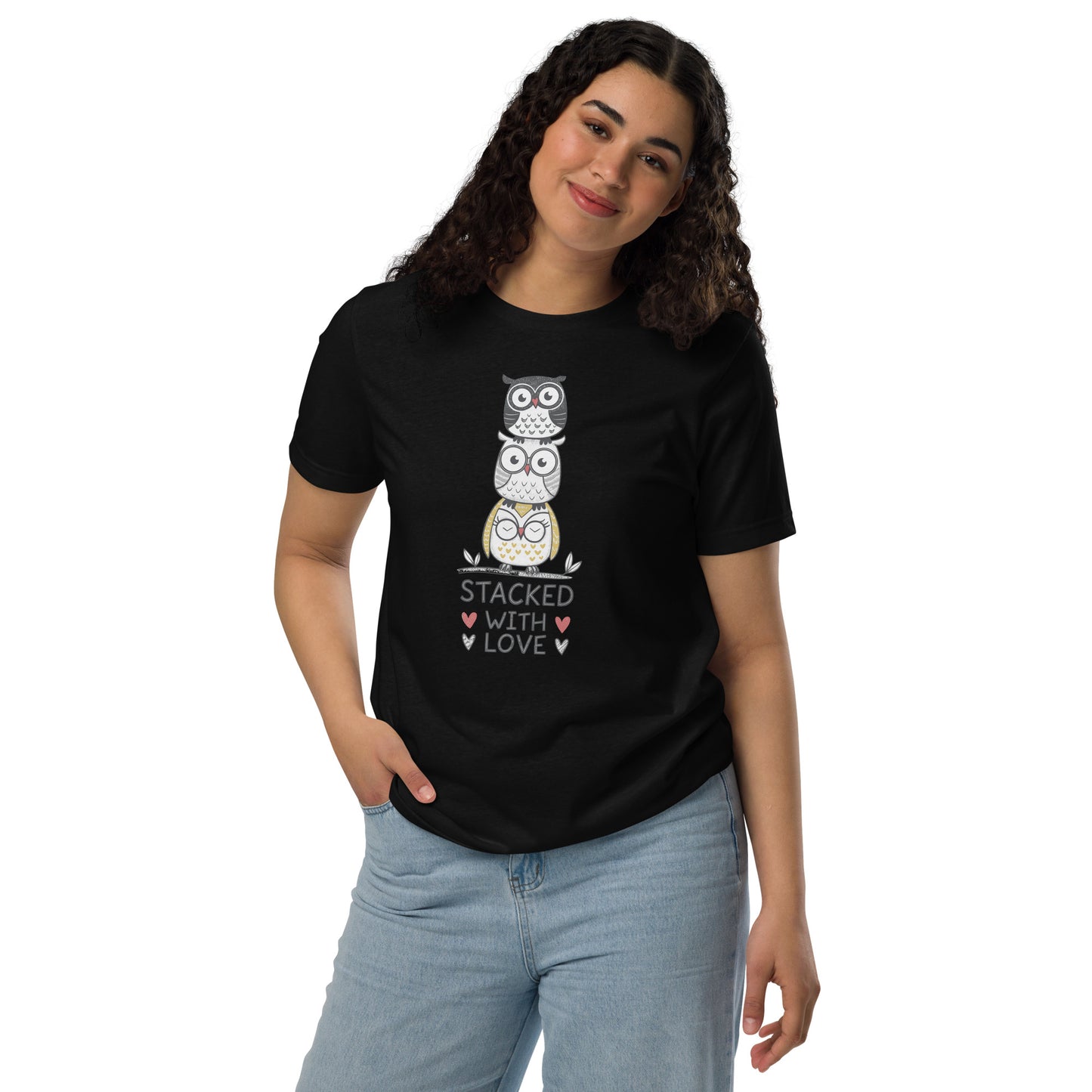 Unisex Eco T-Shirt: Stacked with Love | Owl-Themed Sustainable Fashion USA by Dudeily Black Dudeily
