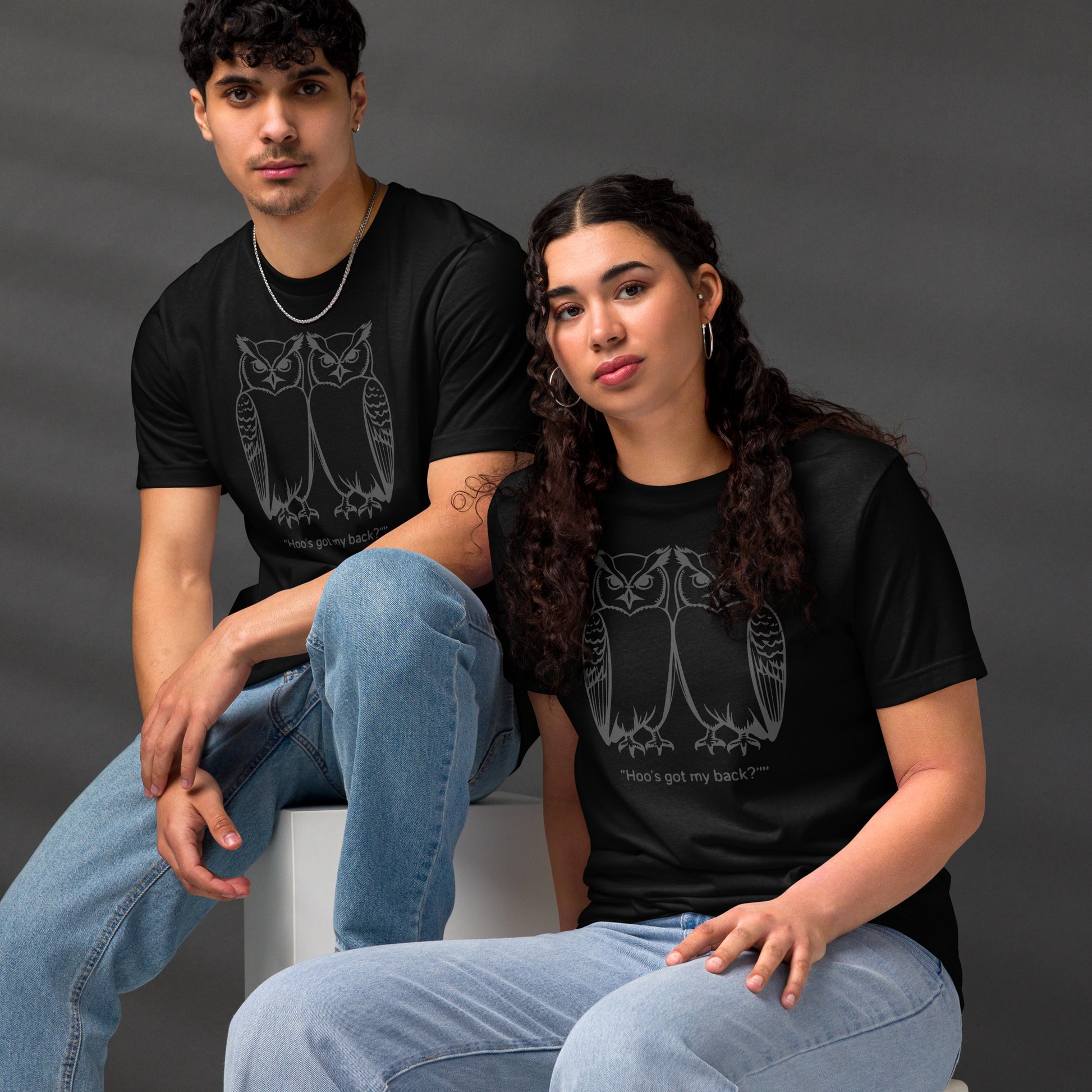 Unisex Staple Eco T-Shirt: Hoo’s Got My Back? | Owl-Themed Sustainable Fashion USA by Dudeily Dudeily