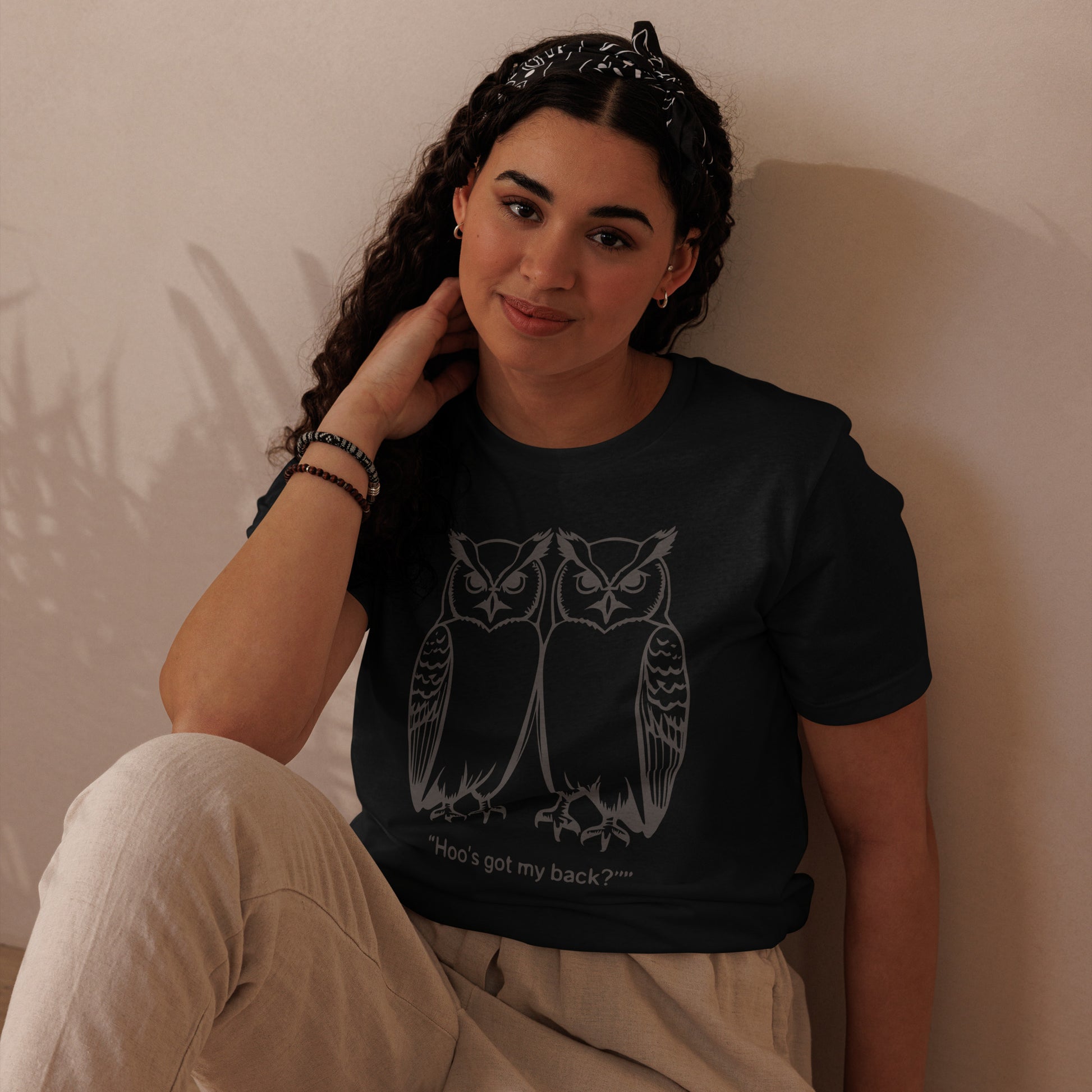 Unisex Staple Eco T-Shirt: Hoo’s Got My Back? | Owl-Themed Sustainable Fashion USA by Dudeily Dudeily