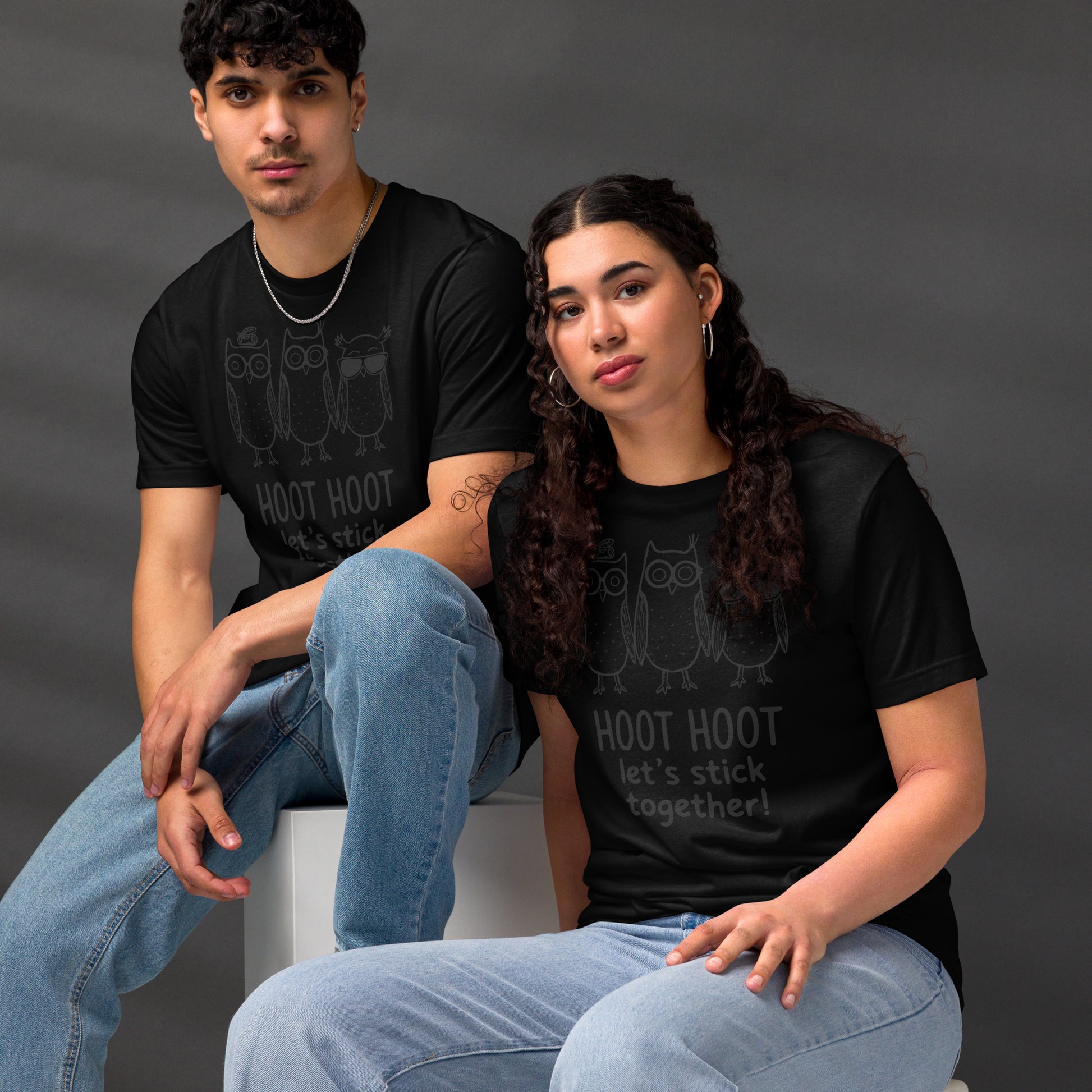 Unisex Staple Eco T-Shirt: Hoot Hoot Let’s Stick Together! | Owl-Themed Sustainable Fashion USA by Dudeily Dudeily