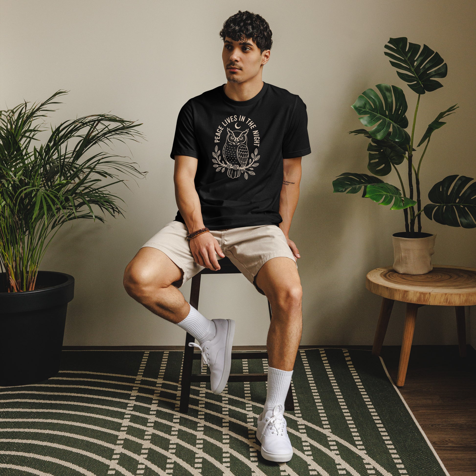 Unisex Staple Eco T-Shirt: 'Peace in the Night' in Fall | Sustainable Owl Fashion USA Dudeily