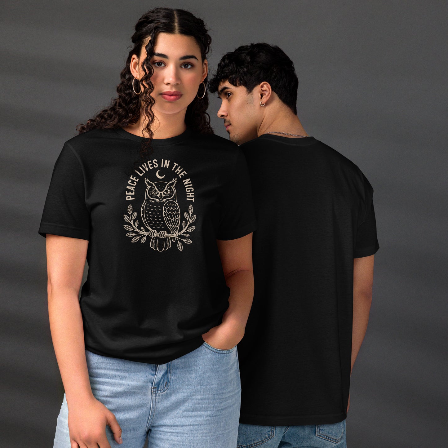 Unisex Staple Eco T-Shirt: 'Peace in the Night' in Fall | Sustainable Owl Fashion USA Dudeily