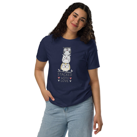 Unisex Eco T-Shirt: Stacked with Love | Owl-Themed Sustainable Fashion USA by Dudeily Navy Dudeily