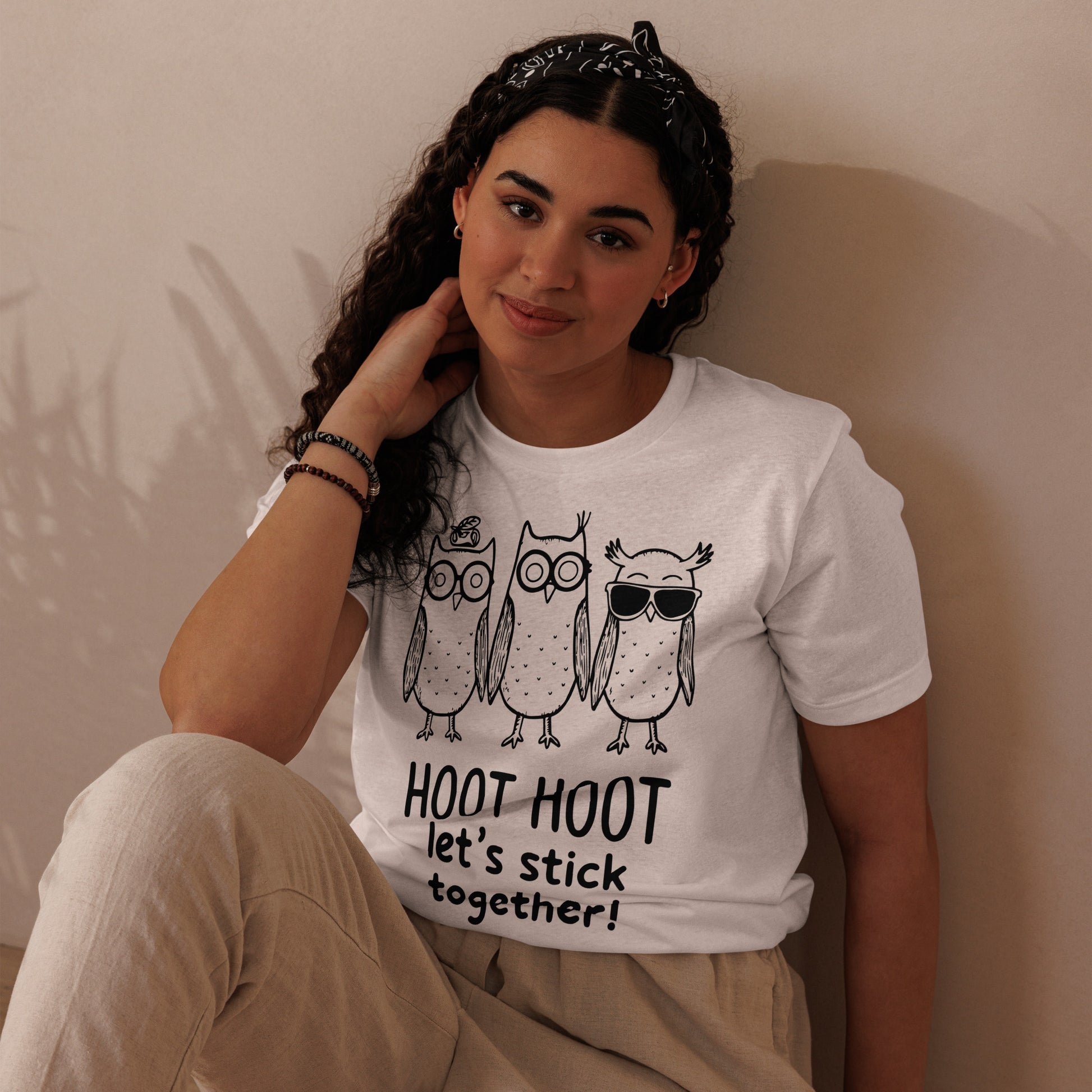 Unisex Staple Eco T-Shirt: Hoot Hoot Let’s Stick Together! | Owl-Themed Sustainable Fashion USA by Dudeily Dudeily