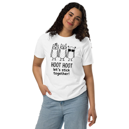 Unisex Staple Eco T-Shirt: Hoot Hoot Let’s Stick Together! | Owl-Themed Sustainable Fashion USA by Dudeily White Dudeily