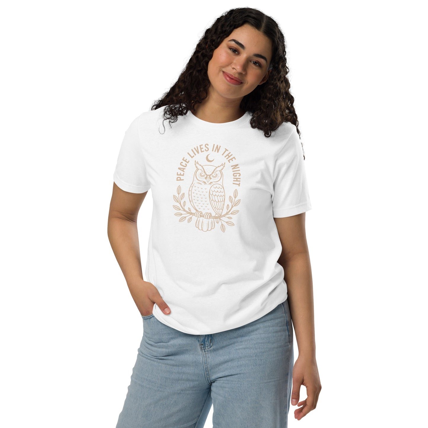 Unisex Staple Eco T-Shirt: 'Peace in the Night' in Fall | Sustainable Owl Fashion USA White Dudeily