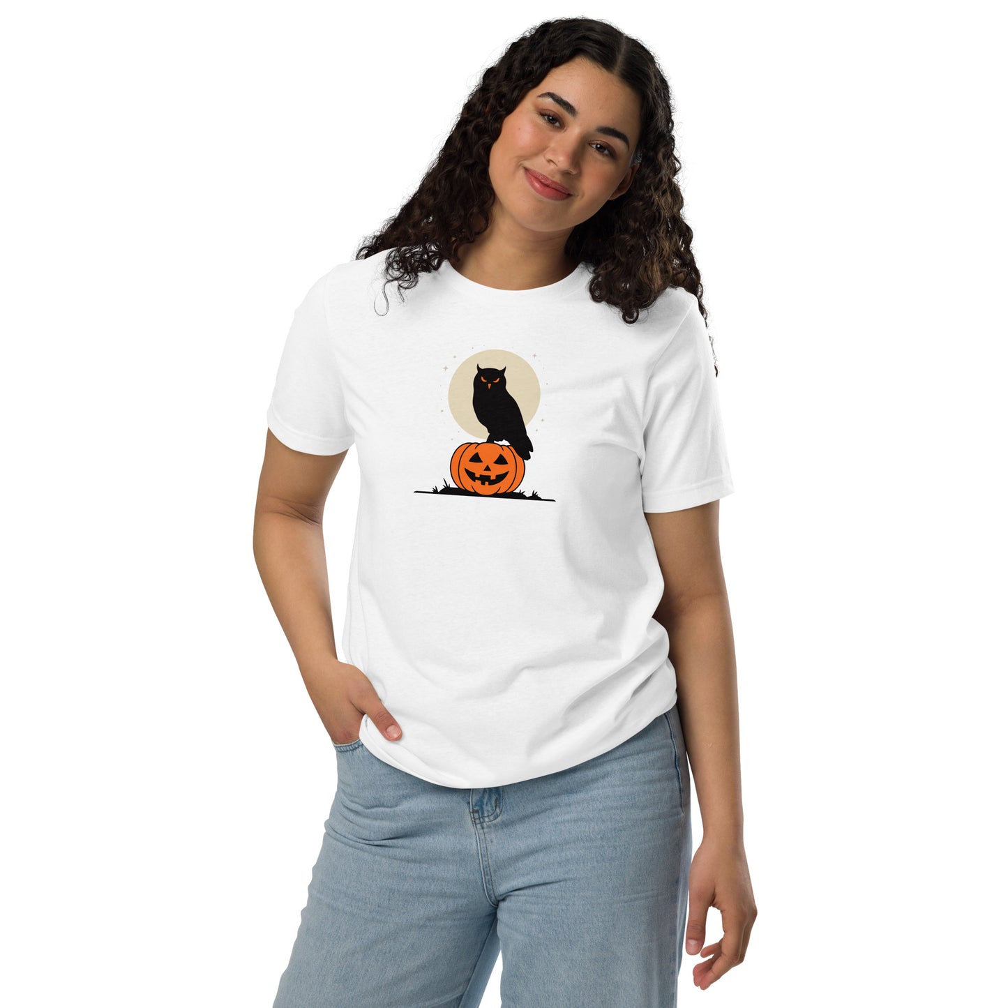 Unisex Staple Eco T-Shirt: Halloween Owl Sustainable Cozy Style USA White Dudeily