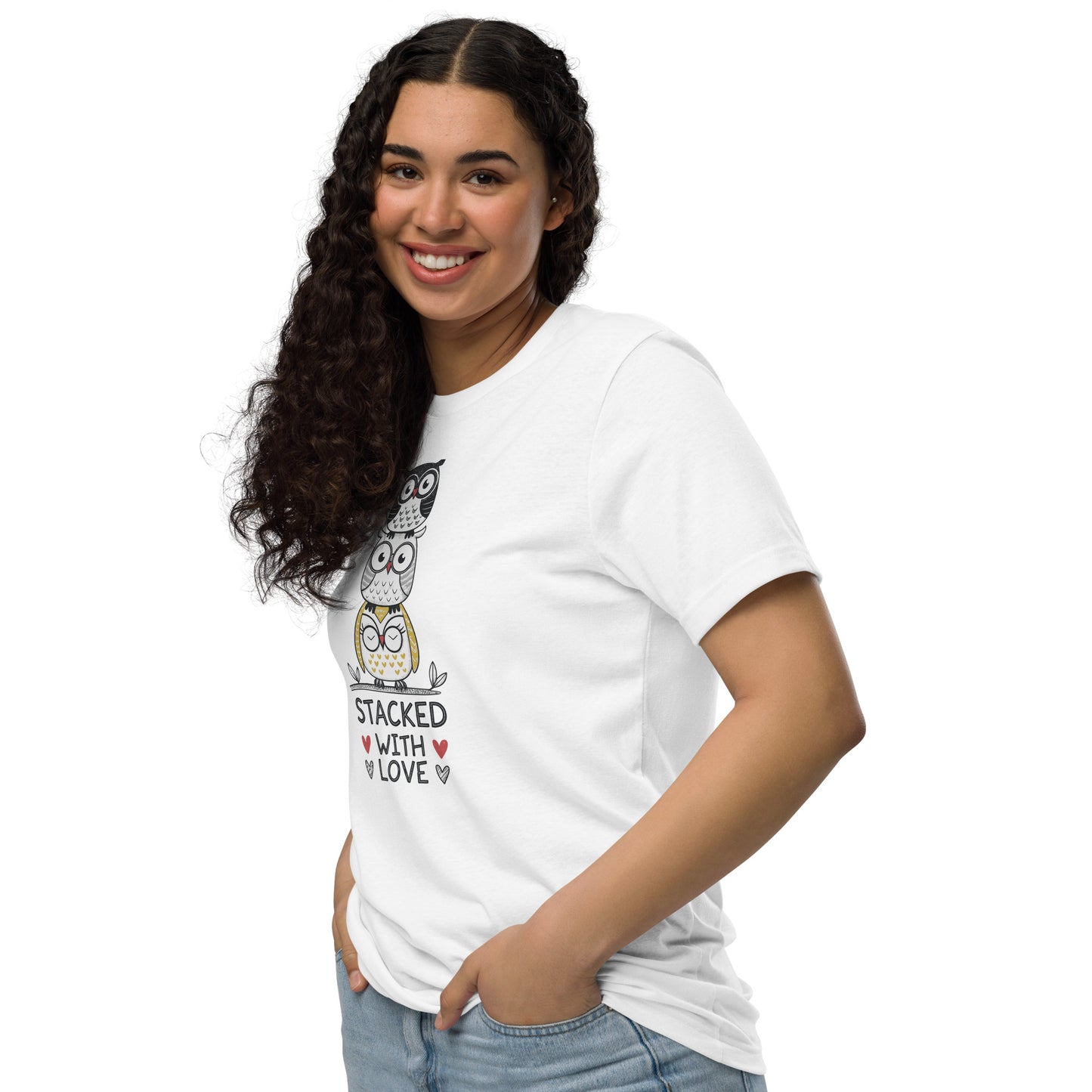 Unisex Eco T-Shirt: Stacked with Love | Owl-Themed Sustainable Fashion USA by Dudeily Dudeily