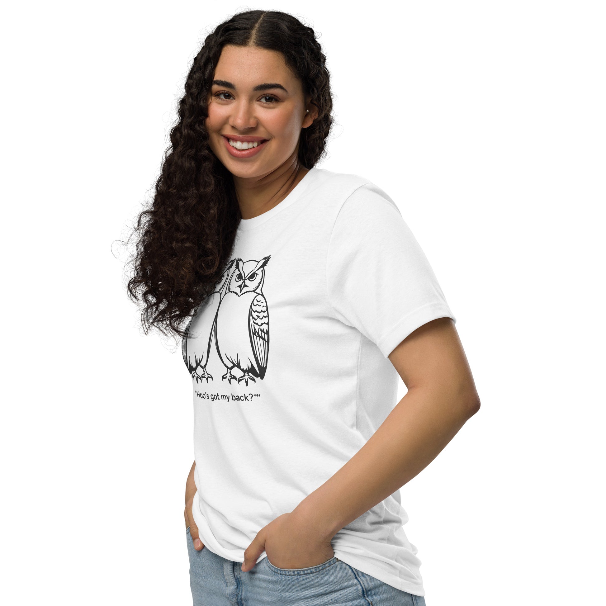Unisex Staple Eco T-Shirt: Hoo’s Got My Back? | Owl-Themed Sustainable Fashion USA by Dudeily Dudeily