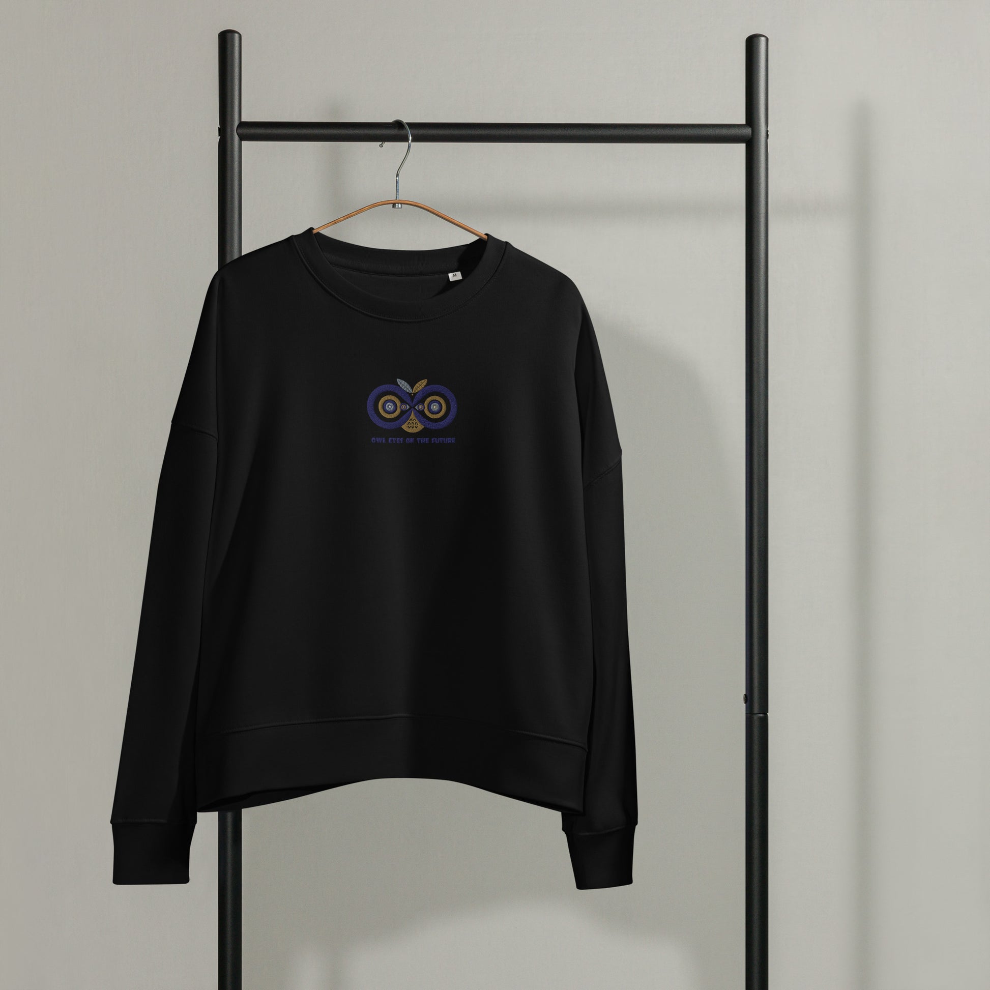 Women’s Organic Crew Neck Sweatshirt: Owl Eyes on the Future | Owl Embroidered Sustainable Fashion USA Dudeily