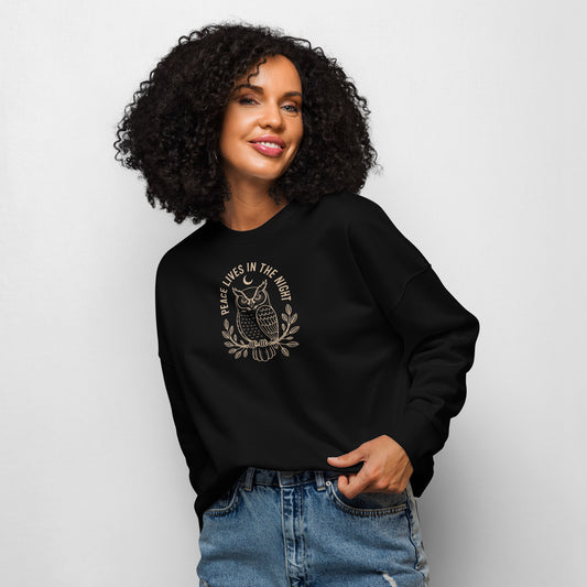 Women’s Organic Crew Neck Sweatshirt: 'Peace in the Night' in Fall | Sustainable Owl Fashion USA Dudeily