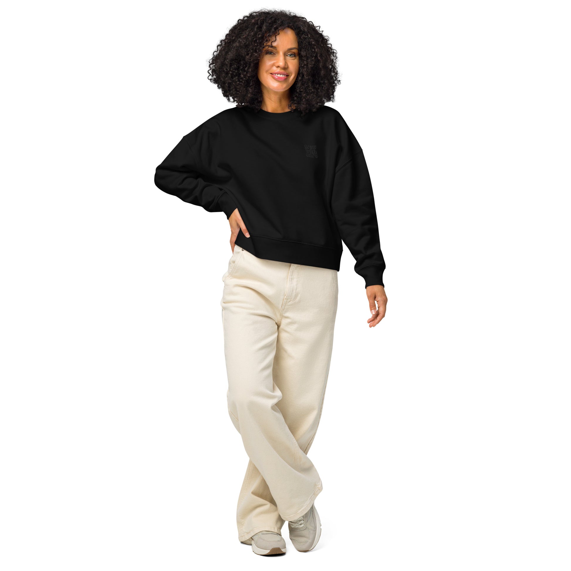 Women’s Organic Crew Neck Sweatshirt "Grow With Care" – Embroidered Eco-Friendly Owl Clothing Dudeily