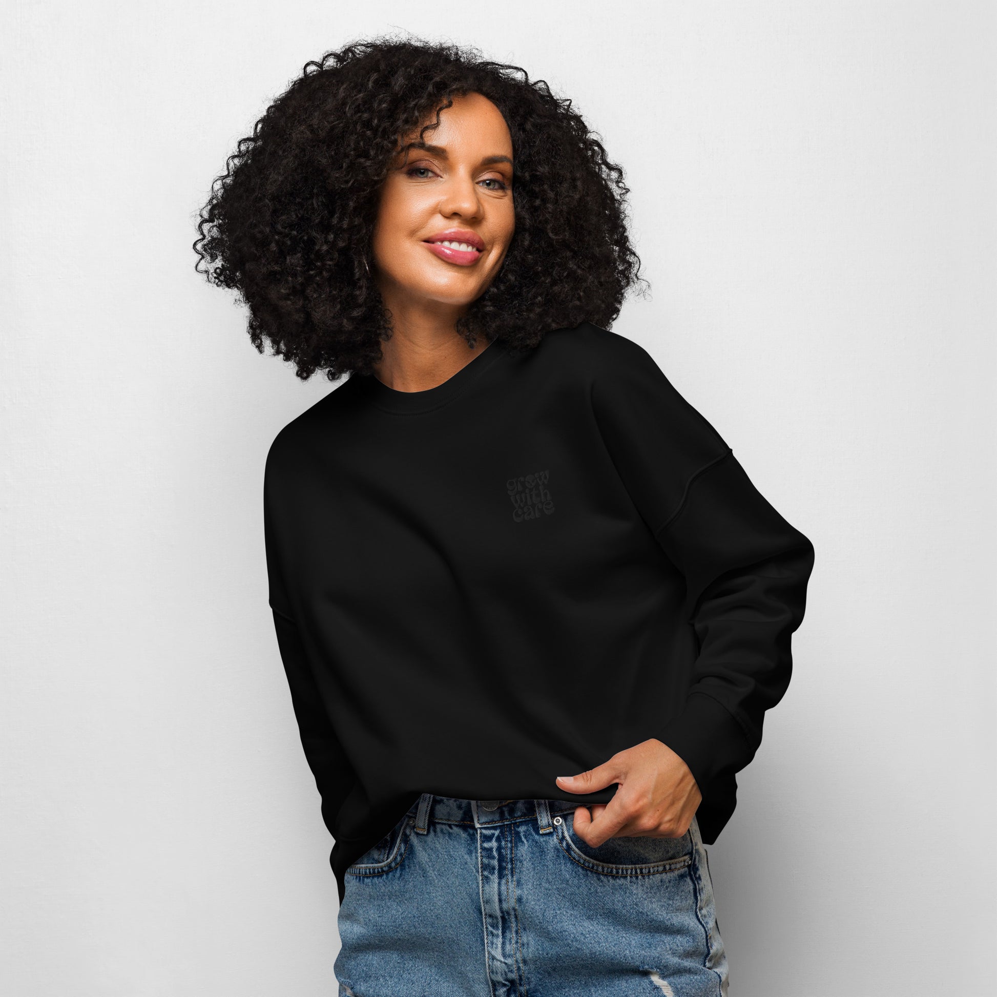 Women’s Organic Crew Neck Sweatshirt "Grow With Care" – Embroidered Eco-Friendly Owl Clothing Dudeily