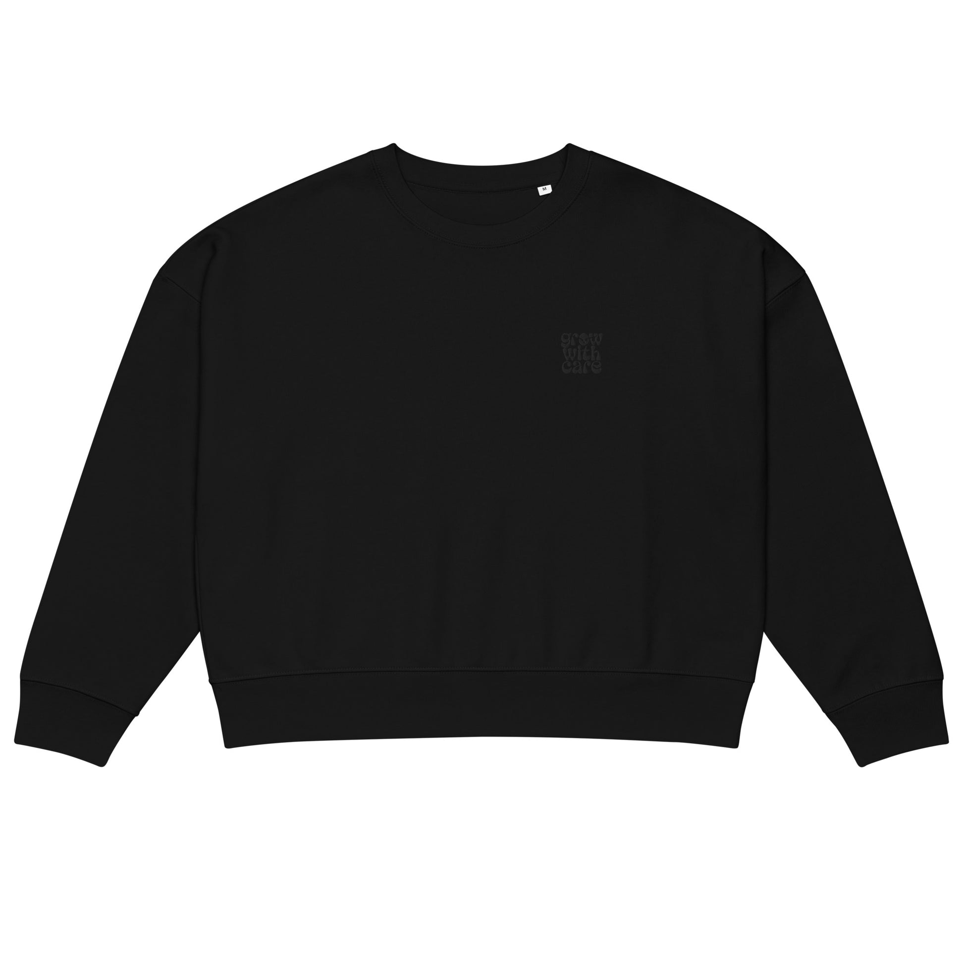 Women’s Organic Crew Neck Sweatshirt "Grow With Care" – Embroidered Eco-Friendly Owl Clothing Black Dudeily